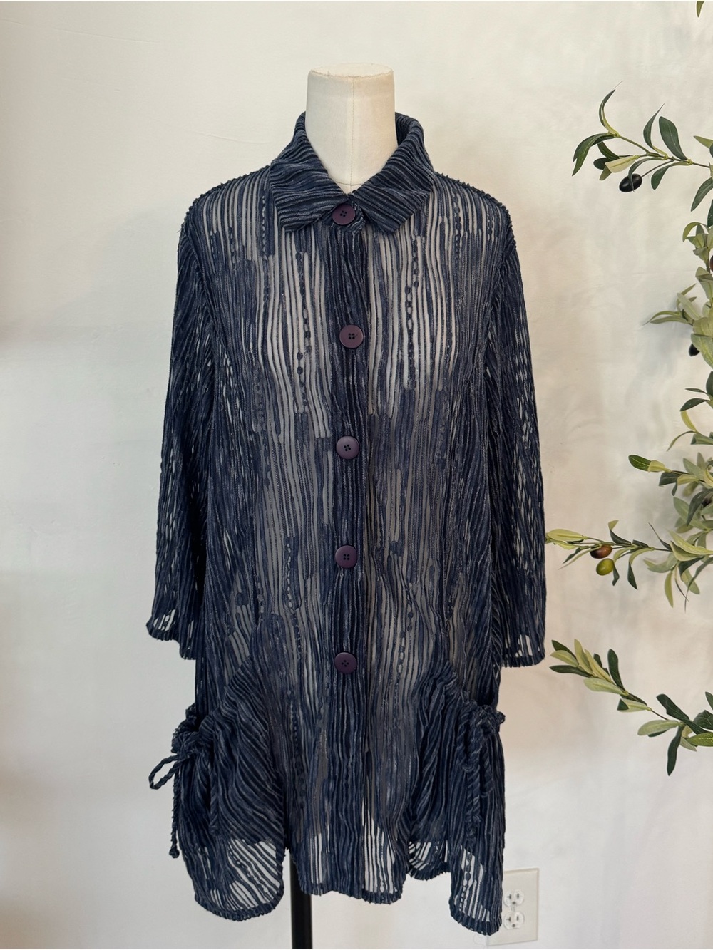 Yushi Navy Sheer Mesh Textured Duster Cardigan Jacket XL Artsy Lagenlook USA